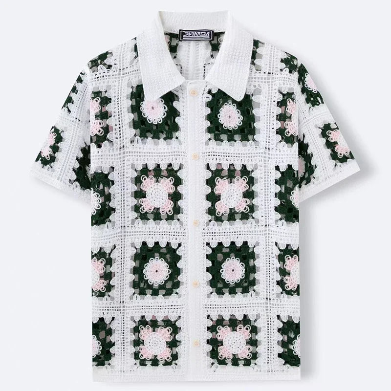 Chemise boutonnée à manches courtes en crochet avec motifs floraux pour homme