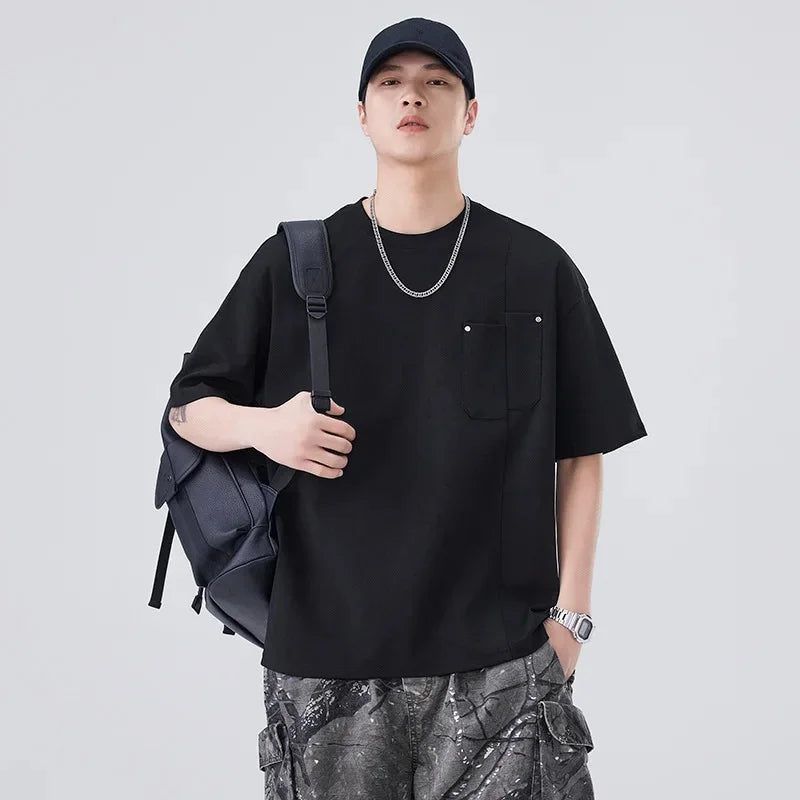 Chemise à col rond oversize décontractée à poches amples et manches courtes