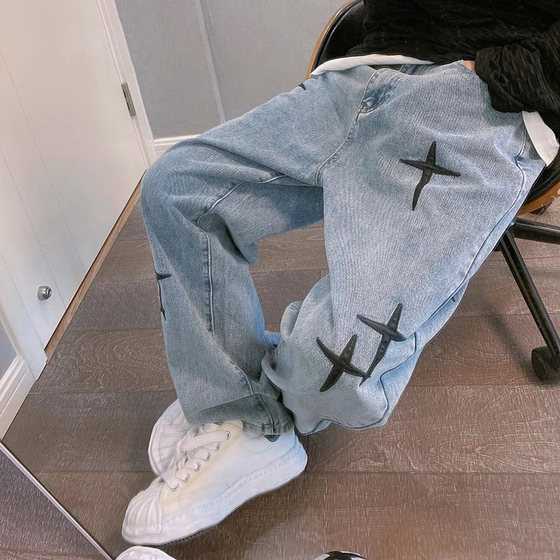 Jean imprimé, pantalon ample à jambes larges – denim streetwear pour homme