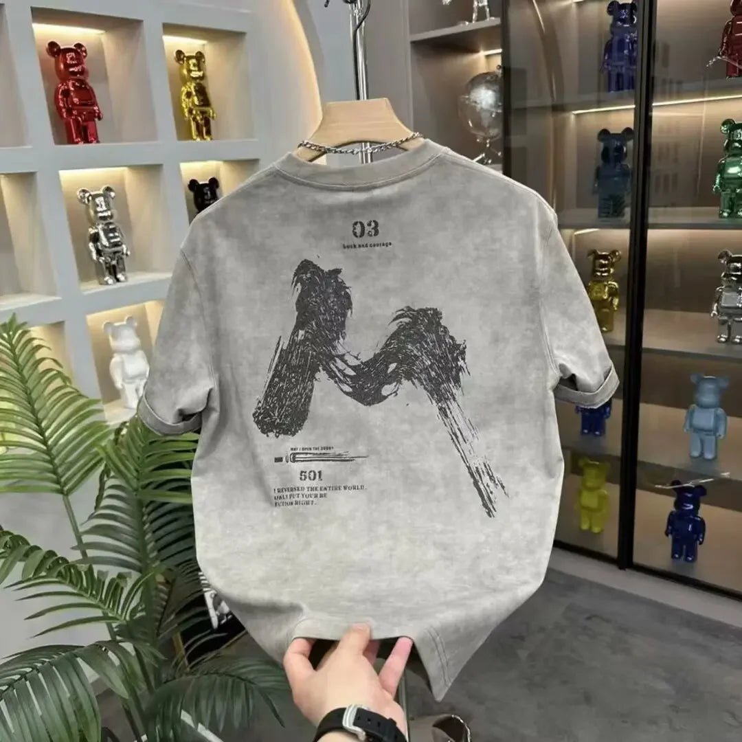 Chemise à col rond décontractée délavée à imprimé lettres pour hommes