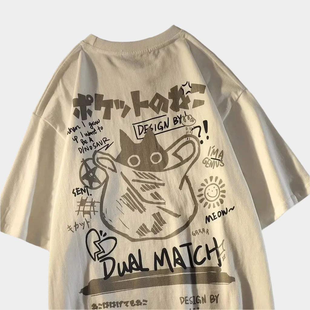 T-shirt graphique à poche avec motif chat - Streetwear de style japonais