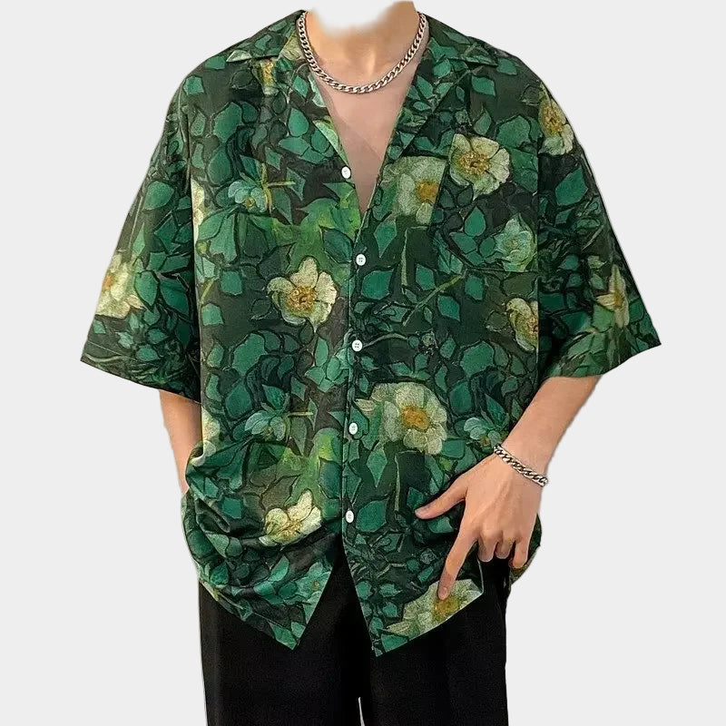 Chemise jacquard en soie glacée à col cubain et motif floral – Style rétro été pour homme