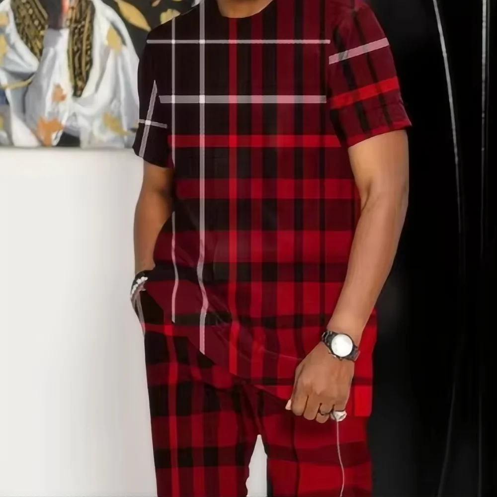 Deux ensembles chemise et pantalon à imprimé géométrique pour homme