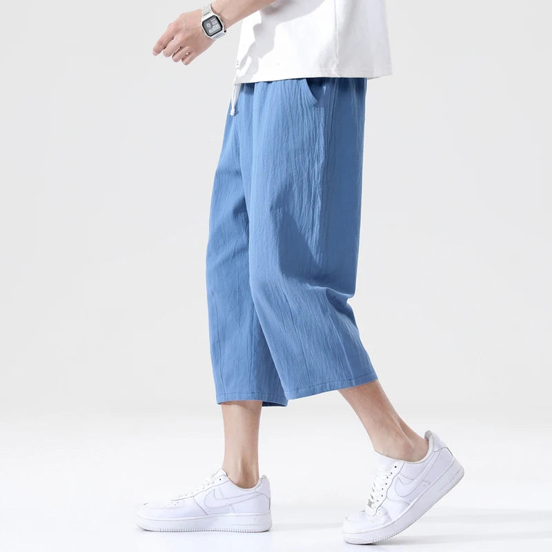 Short d'été décontracté en coton et lin pour homme, taille élastique ample