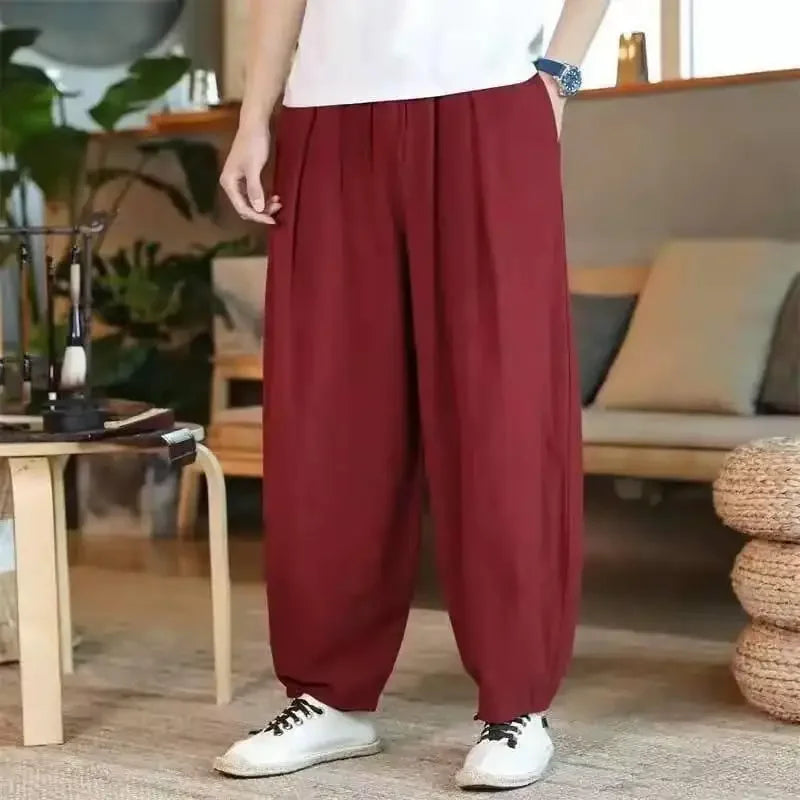Pantalon de lin coupe ample avec taille élastique et lien à la cheville