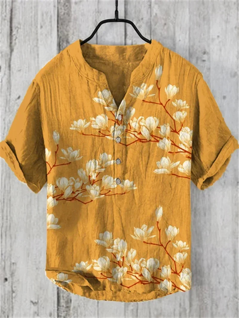 Chemise en lin imprimé style hawaïen – Chemise d'été légère pour homme