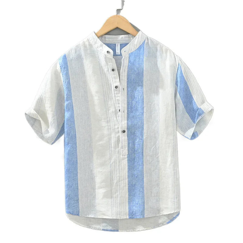Chemise décontractée à rayures en lin frais à manches courtes pour homme