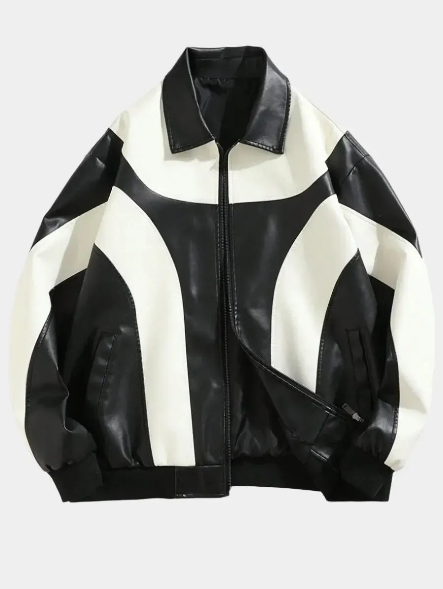 Veste en cuir PU bicolore zippée avec col – Élégante veste pour homme