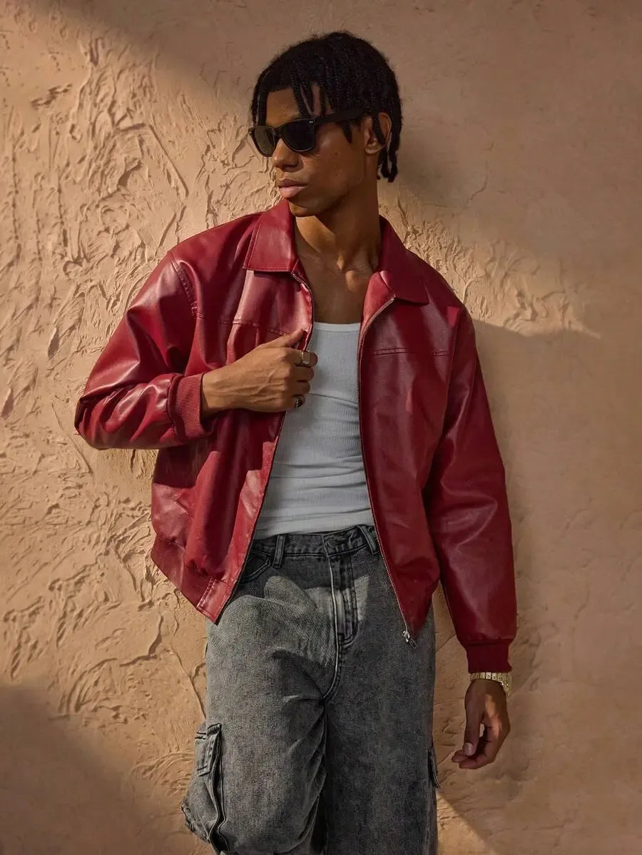 Veste en cuir zippée à épaules tombantes – Vêtements élégants pour homme