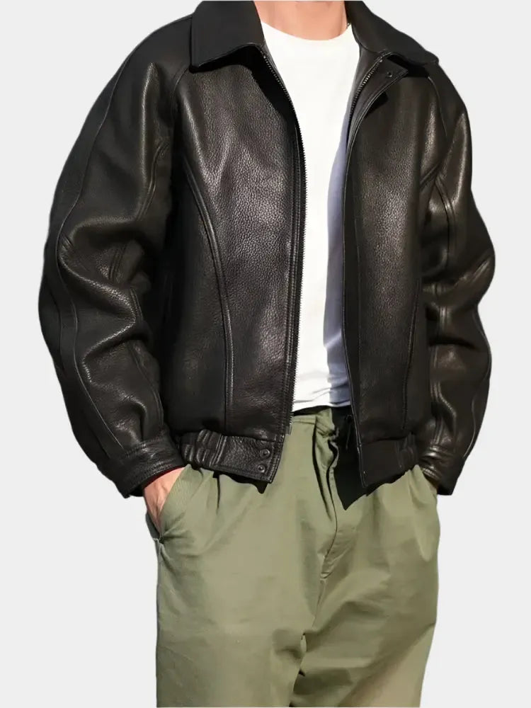 Veste vintage en cuir PU noir – Bomber élégant avec fermeture éclair pour homme