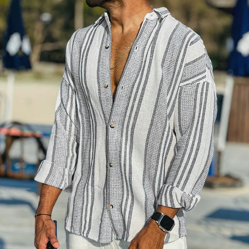 Chemise boutonnée en lin rayé – Style côtier décontracté pour homme
