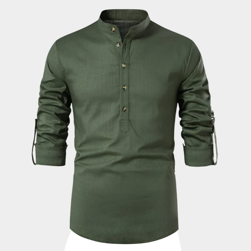 Chemise en lin à col Henley – Style décontracté pour homme