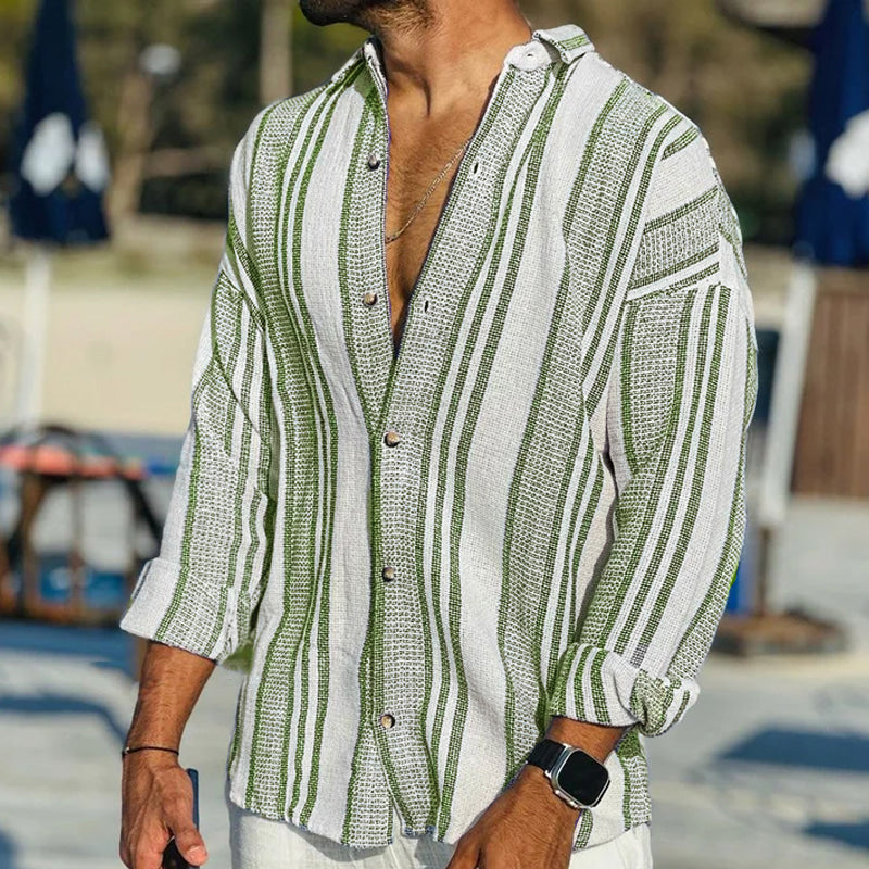Chemise boutonnée en lin rayé – Style côtier décontracté pour homme