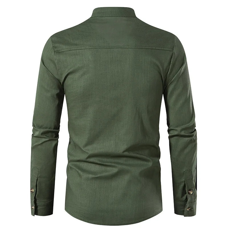 Chemise en lin à col Henley – Style décontracté pour homme