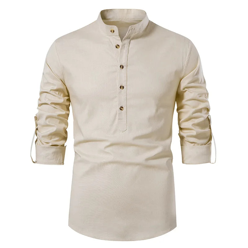 Chemise en lin à col Henley – Style décontracté pour homme
