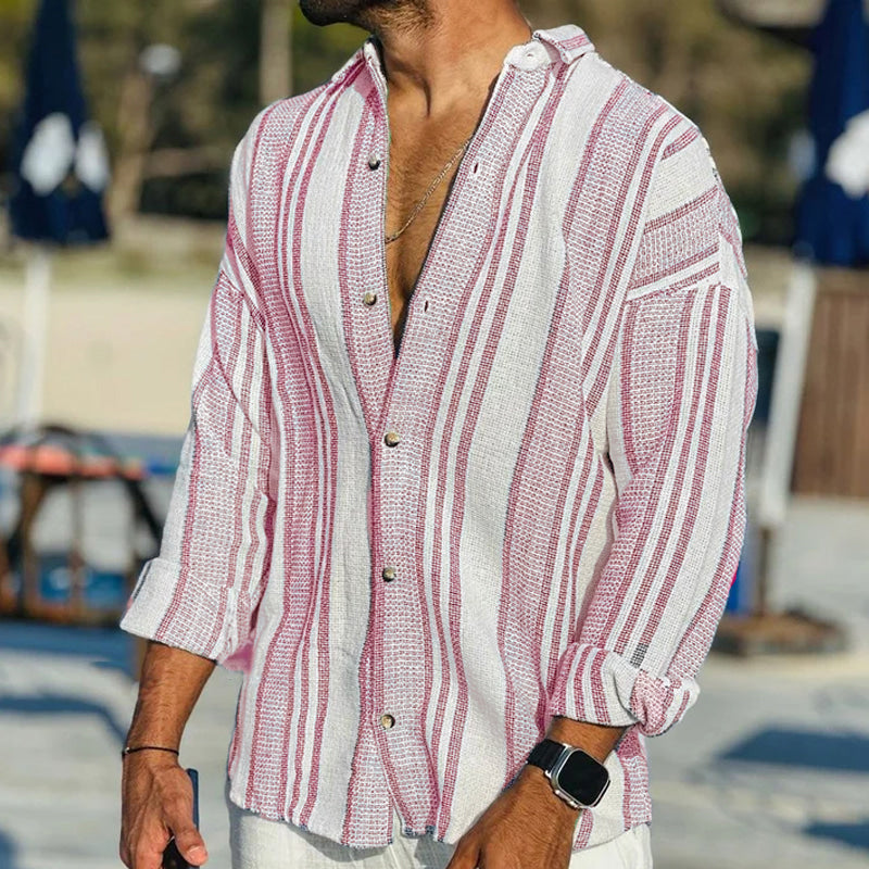 Chemise boutonnée en lin rayé – Style côtier décontracté pour homme
