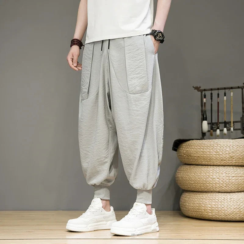 Pantalon de survêtement fuselé respirant en lin et coton avec chevilles élastiques