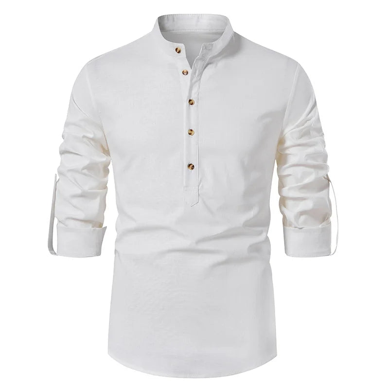Chemise en lin à col Henley – Style décontracté pour homme